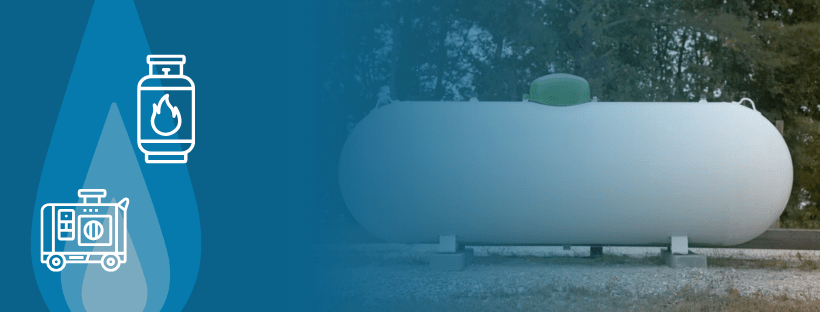 Large white propane tank outdoors, with icons of a propane cylinder and generator on a blue background, emphasizing the advantages of using a propane versus natural gas generator.