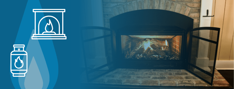 Propane fireplace to right with propane fireplace and propane tank icon to left.