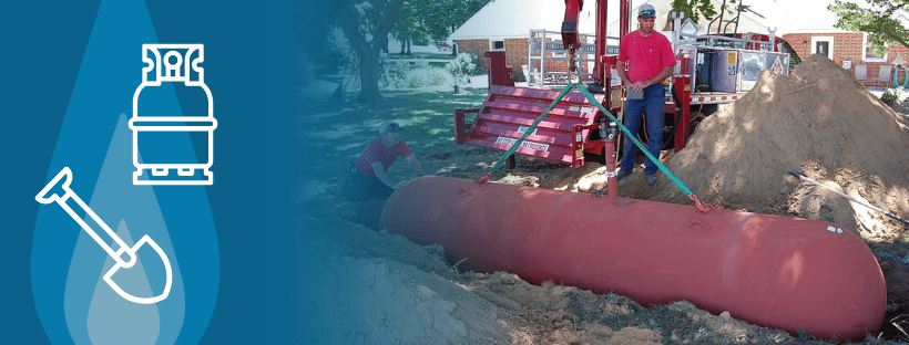 An underground propane tank excavation on the right with a propane tank and shovel icon on the left.