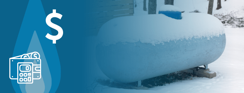 A snowy propane tank with a $ sign and wallet with calculator icon to the left.
