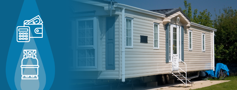 mobile home with blue overlay, propane gas tank symbol and wallet with a calculator symbol
