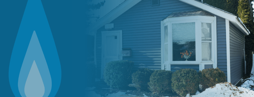 blue mobile home with snow and bushes in front of it